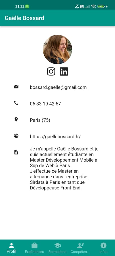 Screen de la page de profil du CV