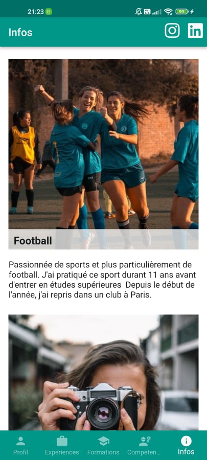 Screen de la page des infos du CV