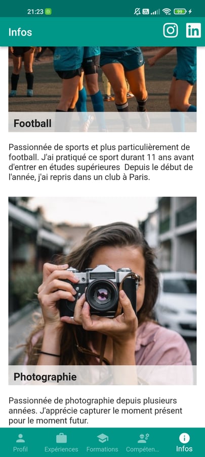 Screen de la page des infos du CV