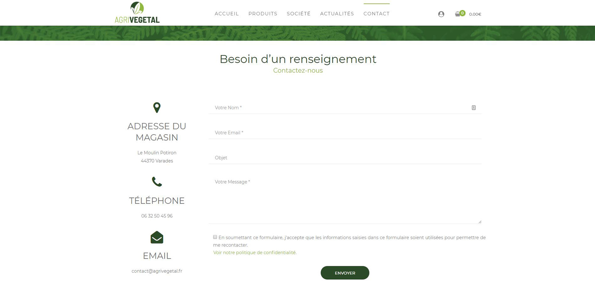 Screen de la page contact du site AgriVégétal